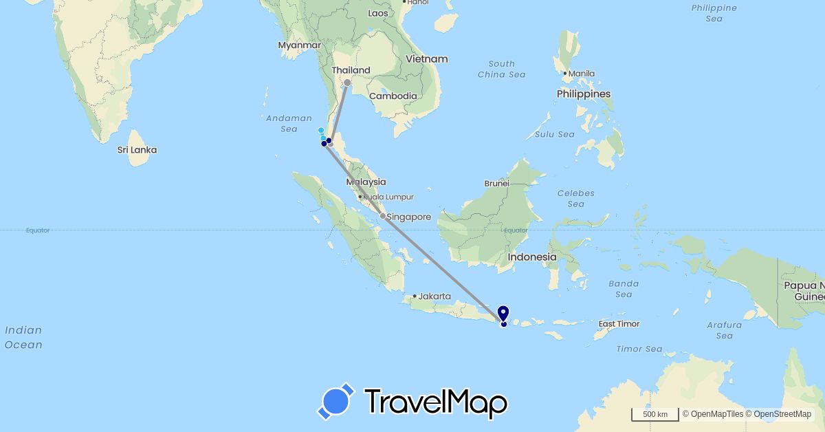 TravelMap itinerary: driving, bus, plane, boat in Indonesia, Singapore, Thailand (Asia)